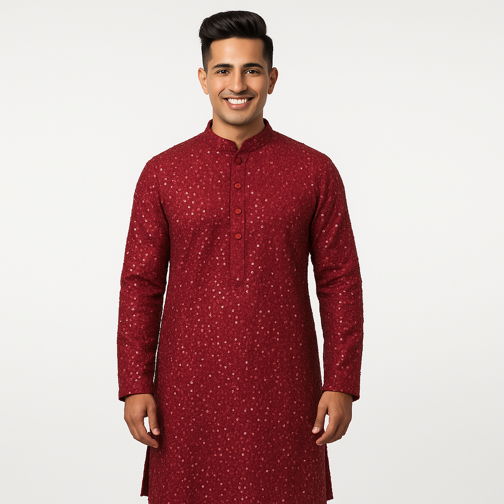 Premium Red Embroidered Men’s Kurta – Traditional Ethnic Wear for Weddings & Festive Celebrations