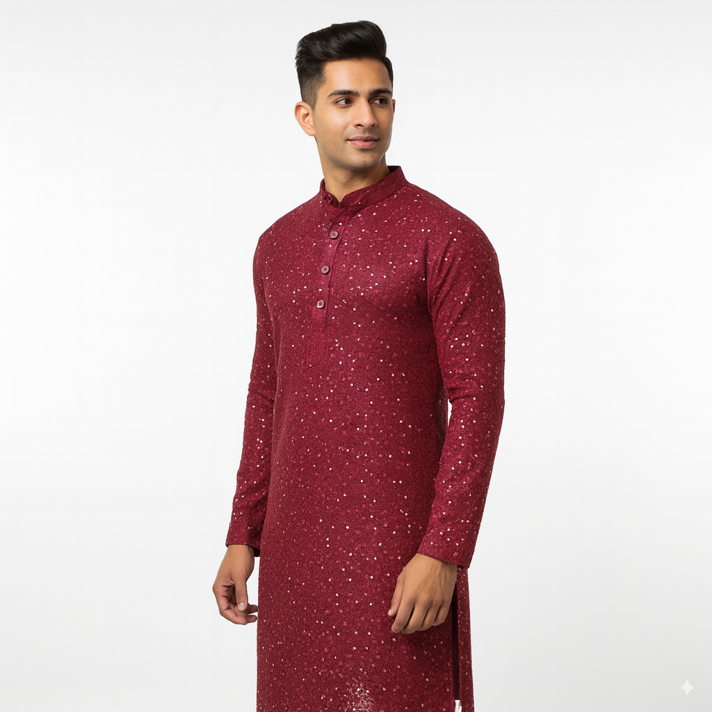 Premium Red Embroidered Men’s Kurta – Traditional Ethnic Wear for Weddings & Festive Celebrations