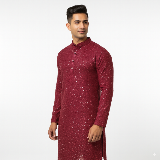 Premium Red Embroidered Men’s Kurta – Traditional Ethnic Wear for Weddings & Festive Celebrations