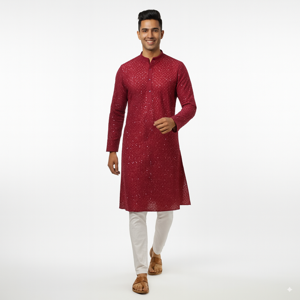 Premium Red Embroidered Men’s Kurta – Traditional Ethnic Wear for Weddings & Festive Celebrations