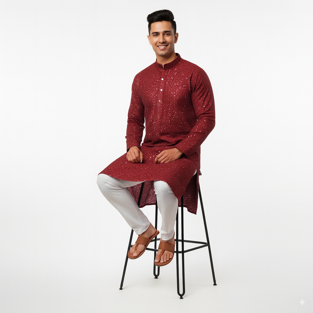 Premium Red Embroidered Men’s Kurta – Traditional Ethnic Wear for Weddings & Festive Celebrations